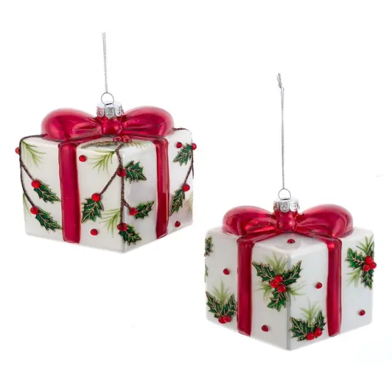 3.5" Glass Holly Decorated Present Ornament, Set of 2 - Festive Christmas Tree Decorations {1}