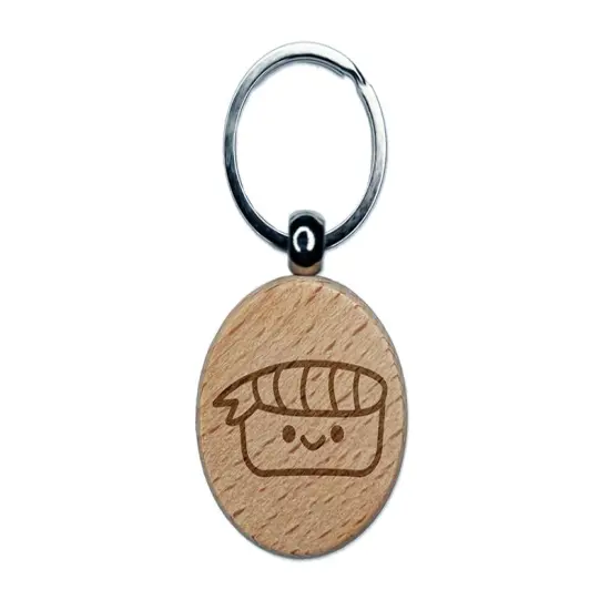 Sweet Sushi Kawaii Doodle Engraved Wood Round Keychain Tag Charm {1}