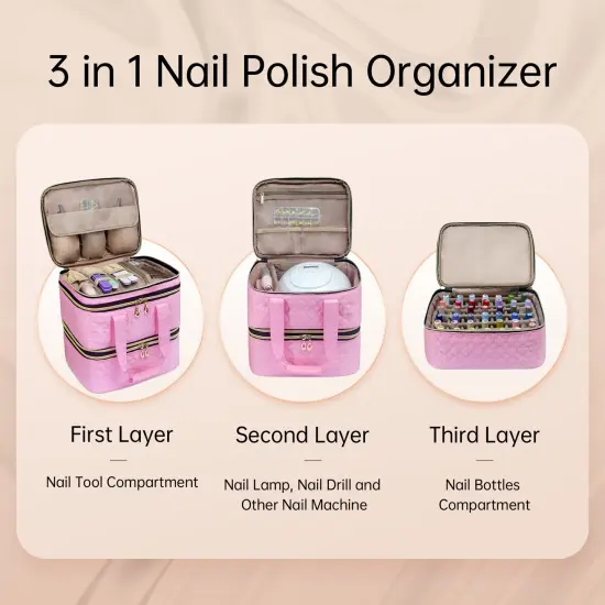 Nail Polish Organizer; Three-Layers Nail Polish Organizer Case with Detachable Nail Machine Compartment; 3 in 1 Portable Nail Polish Holder Organizer Case Pink {2}