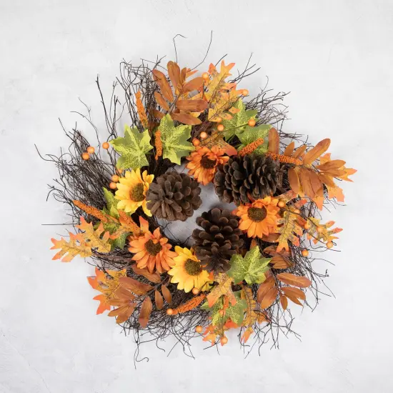 Northlight Sunflowers and Pinecones Artificial Fall Harvest Twig Wreath - 24" Orange {4}