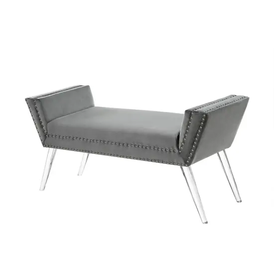 Lexi Velvet Nailhead Trim Acrylic Leg Ottoman Bench Grey {4}