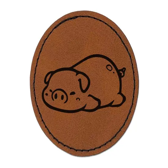 Chubby Sleeping Pig Round Iron-On Engraved Faux Leather Patch Applique - 2.5" Brown {1}