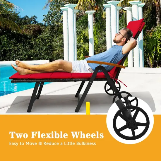 Folding Patio Rattan Lounge Chair with Wheels-Red {2}