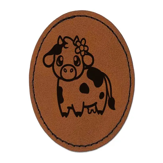 Darling Cow with Flower Round Iron-On Engraved Faux Leather Patch Applique - 2.5" Brown {1}