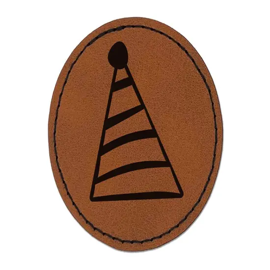 Striped Birthday Hat Round Iron-On Engraved Faux Leather Patch Applique - 2.5" Brown {1}