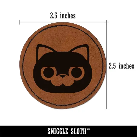 Round Cat Face Concerned Round Iron-On Engraved Faux Leather Patch Applique - 2.5" Brown {3}