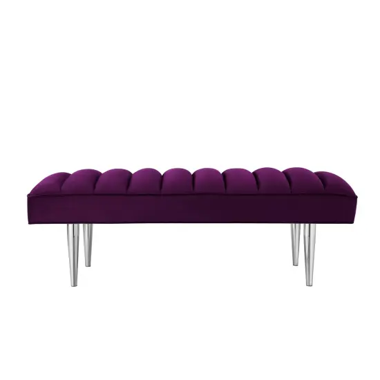 Denver Velvet Channel Tufted Bench with Mirrorred Lacquer Finish With Gold/Chrome Legs Purple/Chrome {2}