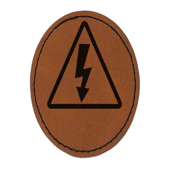 Electrical High Voltage Warning Sign Round Iron-On Engraved Faux Leather Patch Applique - 2.5" Brown {1}