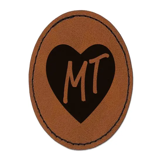 MT Montana State in Heart Round Iron-On Engraved Faux Leather Patch Applique - 2.5" Brown {1}