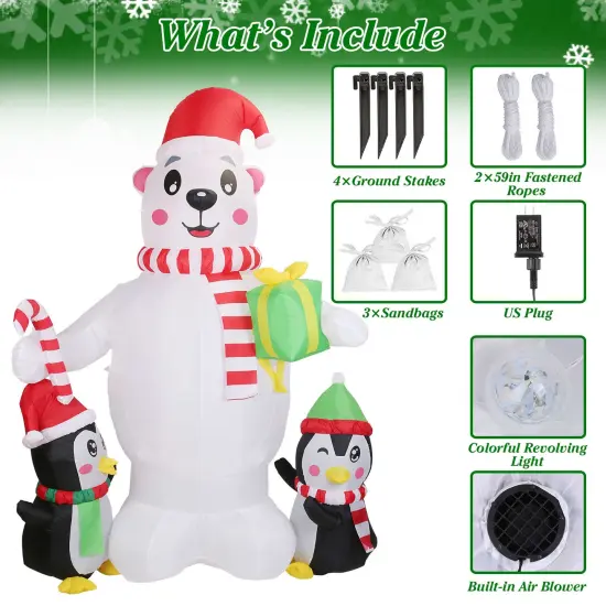 5.9FT Christmas Inflatable Outdoor Decoration Polar Bear Gift Box Penguin Blow Up Yard Decoration with LED Light Built-in Air Blower for Winter Holiday Xmas Garden {6}