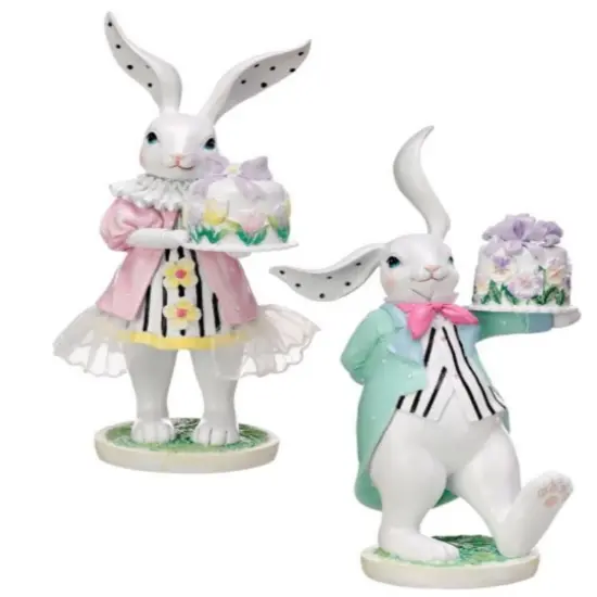 9" Easter Bunny Cake Server Figurines &ndash; Vintage-Inspired Rabbit Couple Holding Cakes (Set of 2) {1}