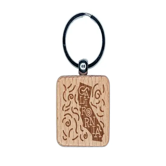 California State with Text Swirls Engraved Wood Square Keychain Tag Charm {1}