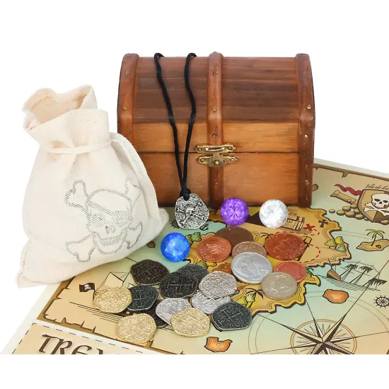 Kid's Treasure Chest with Replica Pirate Coins/Foreign Coins/Gems/Necklace Coin Jewelry  {1}