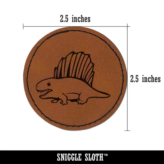 Wary Dimetrodon Dinosaur with Dorsal Sail Fin Round Iron-On Engraved Faux Leather Patch Applique - 2.5" Brown {2}
