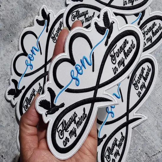 Memorial Infinity Collection: Patch Party Club, "SON" Eternal Remembrance 1-pc, Iron-On Embroidered Patch, Sz 6", Tribute Honoring Loved One {2}