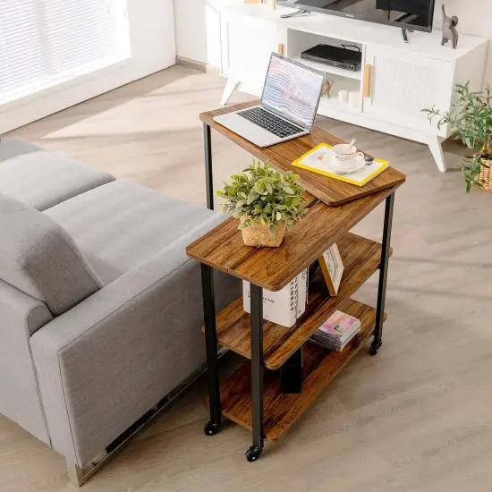 Rotating Sofa Side Table with Wheels Sliding Laptop Desk with Storage Shelves for Small Spaces Brown {1}