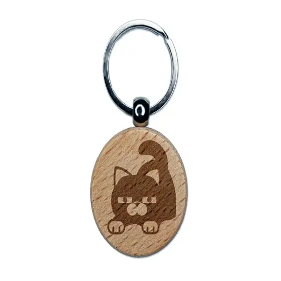 Round Cat Stretching Engraved Wood Round Keychain Tag Charm {1}