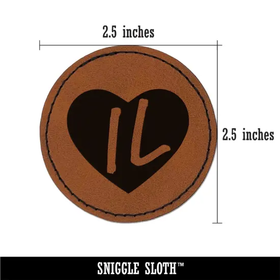 IL Illinois State in Heart Round Iron-On Engraved Faux Leather Patch Applique - 2.5" Brown {3}