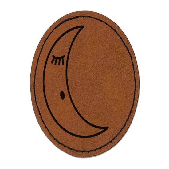 Sleeping Moon Round Iron-On Engraved Faux Leather Patch Applique - 2.5" Brown {1}