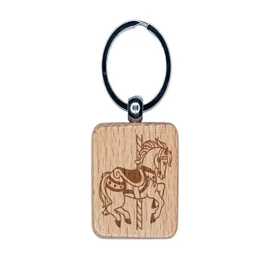 Fancy Carousel Horse Merry-Go-Round Engraved Wood Square Keychain Tag Charm {1}