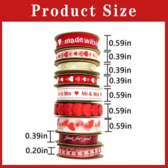 9 Rolls Hearts Ribbon Set - Valentine's Day Mother's Day Satin Ribbon, Printed Heart Ribbons for Gift Wrapping, Wedding Birthday Party Decorations, Crafts DIY Supplies (Valentine) {6}