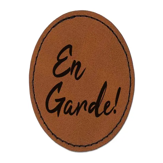 En Garde French Fencing Fencer Direction Round Iron-On Engraved Faux Leather Patch Applique - 2.5" Brown {1}