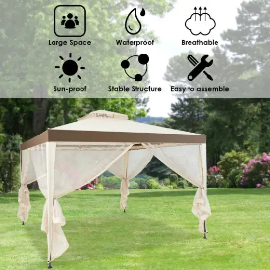 Canopy and Garden Structures Gazebo with Netting for Outdoors-Brown Beige {2}