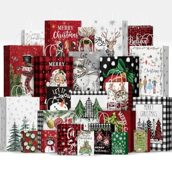 24 Christmas Gift Paper Bags Bulk with handles Wrapping Xmas Holiday Presents(6 Jumbo,6 Large,6 Medium,6 Small) {1}