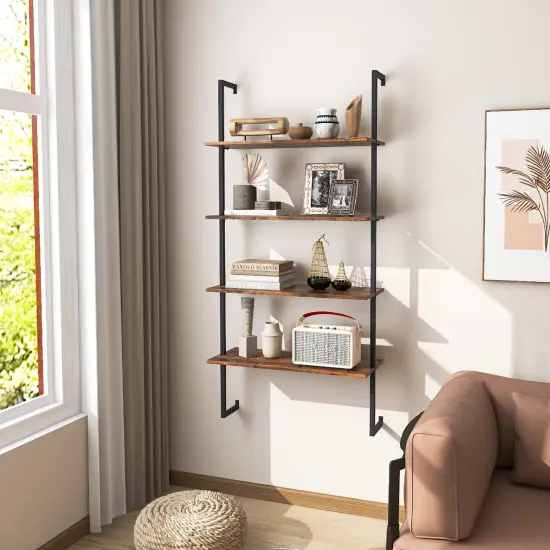 Costway 2 PCS 4-Tier Ladder Shelf Bookshelf Industrial Wall Shelf with Metal Frame Rustic {4}