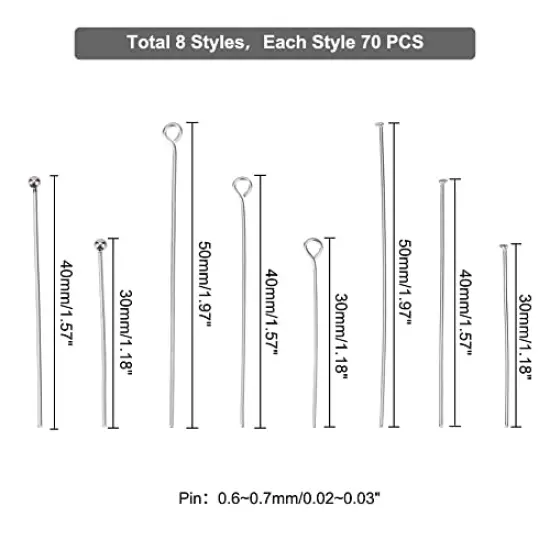 560 pieces 8 Styles 304 Stainless Steel Eye Pins 30mm 40mm 50mm Head Pins Ball 22 Gauge Head Pins Findings Open Eye Pin for Earring Bracelet Pendant Jewelry Making, Stainless Steel Color {1}
