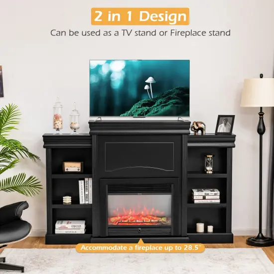 70 Inch Modern Fireplace Media Entertainment Center with Bookcase Black {3}
