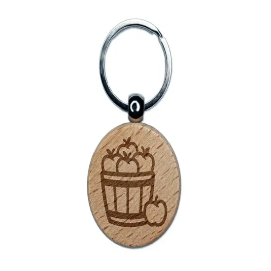 Basket of Apples Fruit Fall Engraved Wood Round Keychain Tag Charm {1}