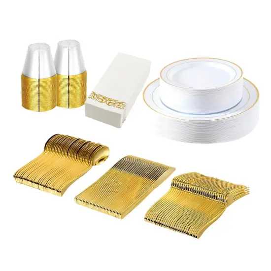 175pcs Disposable Dinnerware Set Gold Plastic Plates {1}