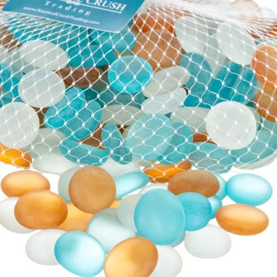 Flat Marbles Vase Filler - 0.68 Lb (70 pcs) Aqua White & Orange Glass Pebbles Vases - Clear Glass Stones for Vases - Flat Glass Marble for craft and Home d&eacute;cor - Aquarium Glass Marble filler {4}