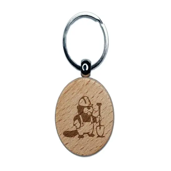 Construction Worker Builder Beaver with Shovel and Hard Hat Engraved Wood Round Keychain Tag Charm {1}