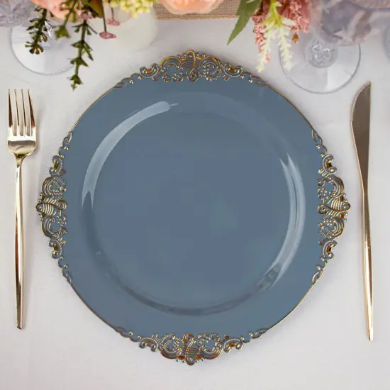 10 Pcs Disposable Plastic Salad Dinner Plates Embossed Baroque Trim Party Dusty blue {1}