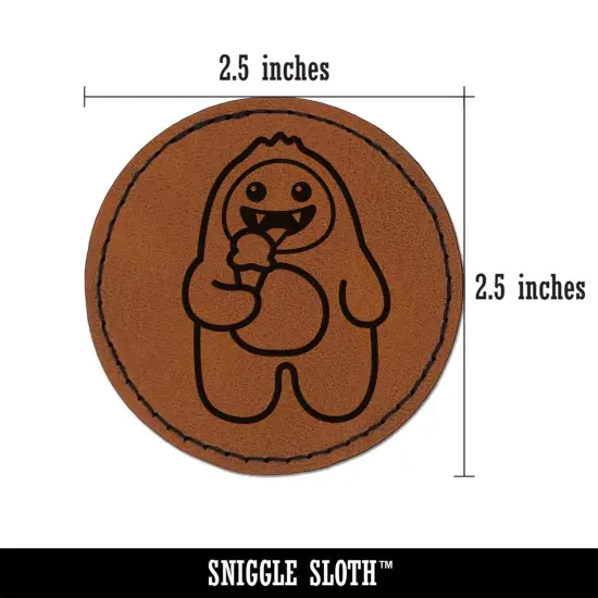 Yeti Abominable Snowman Eating Ice Cream Round Iron-On Engraved Faux Leather Patch Applique - 2.5" Brown {3}
