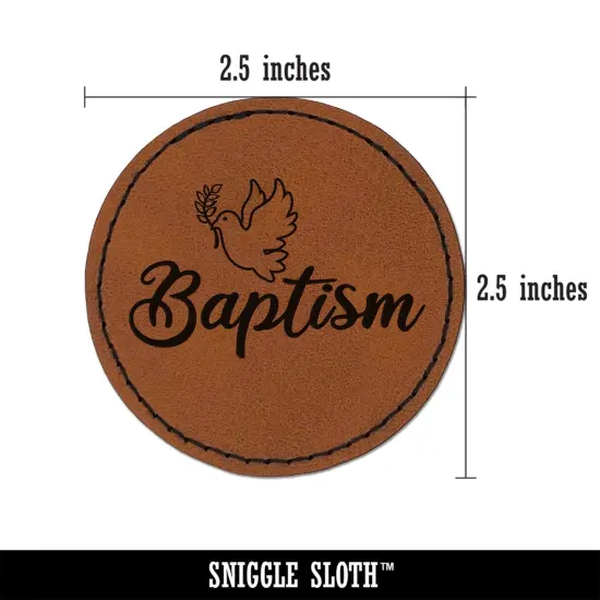 Baptism Dove Christening Round Iron-On Engraved Faux Leather Patch Applique - 2.5" Brown {3}