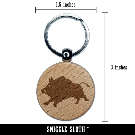 Wild Boar Pig Swine with Tusks Engraved Wood Round Keychain Tag Charm {2}