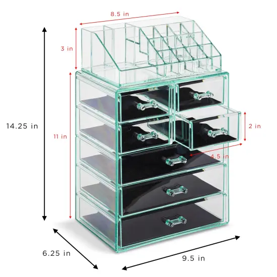 Sorbus Medium Makeup Organizer Set - (3 Large / 4 Small Drawers/Top Tray) Teal {6}