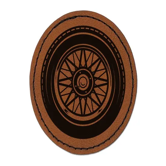 Detailed Realistic Tire Wheel Car Vehicle Round Iron-On Engraved Faux Leather Patch Applique - 2.5" Brown {1}