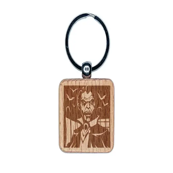 Dracula Vampire with Bats Halloween Engraved Wood Square Keychain Tag Charm {1}