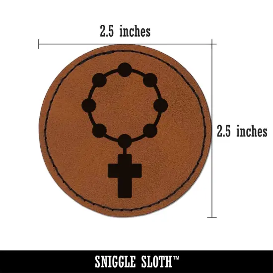 Rosary Catholic Symbol Round Iron-On Engraved Faux Leather Patch Applique - 2.5" Brown {3}