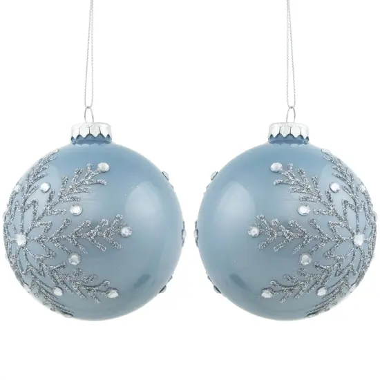 Northlight Jeweled Glitter Snowflakes Christmas Glass Ball Ornaments - 4" - French Blue - Set of 2 {1}