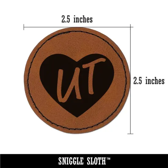 UT Utah State in Heart Round Iron-On Engraved Faux Leather Patch Applique - 2.5" Brown {3}