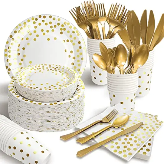 350 Pieces White and Gold Plastic Dinnerware Set, Includes 9" Dinner Plates, 7" Dessert Plates, 9oz Cups, Napkins, Forks, Knives, Spoons {2}