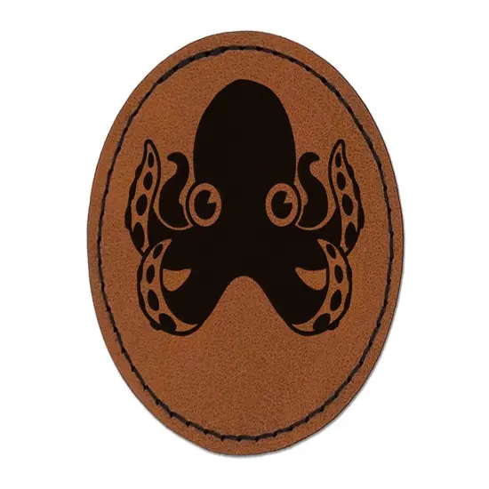 Cute Octopus Round Iron-On Engraved Faux Leather Patch Applique - 2.5" Brown {1}