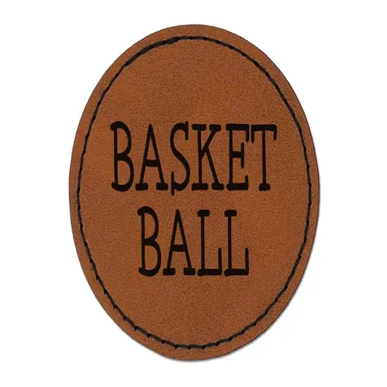 Basketball Fun Text Round Iron-On Engraved Faux Leather Patch Applique - 2.5" Brown {1}