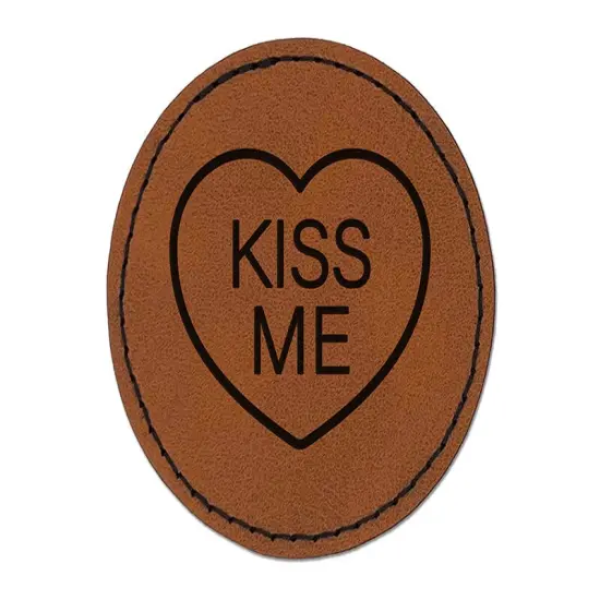 Kiss Me Conversation Heart Love Valentine's Day Round Iron-On Engraved Faux Leather Patch Applique - 2.5" Brown {1}