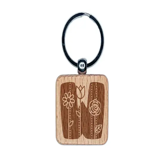 Sweet and Cute Flowers Rounded Block Letter W Engraved Wood Square Keychain Tag Charm {1}